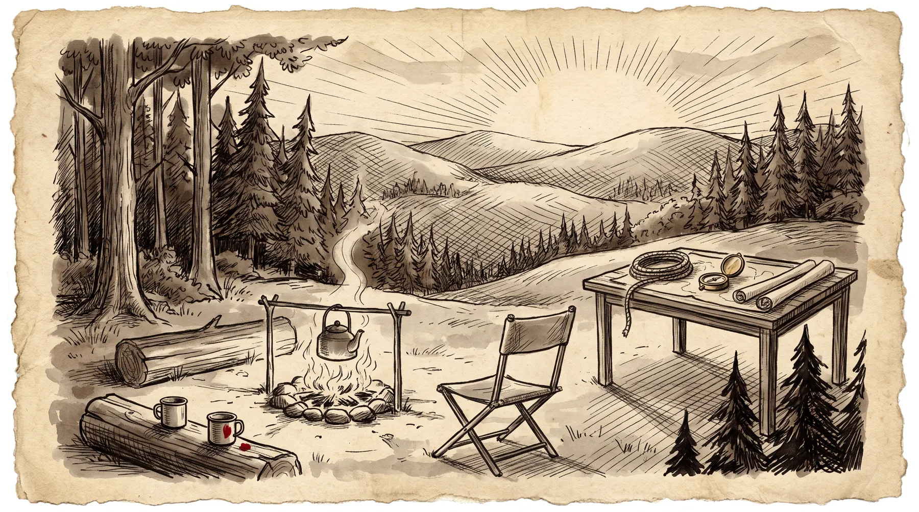 The surveyor's camp at the edge of the wood at dawn — a kettle steaming, two cups set out, one already poured