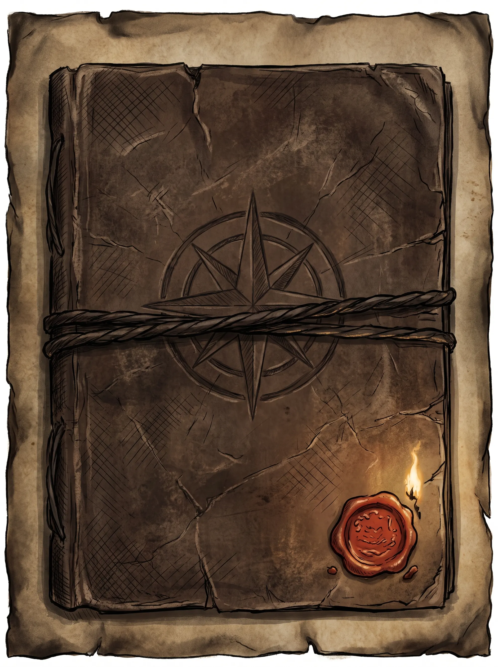 A worn leather atlas bound with cord, sealed in red wax