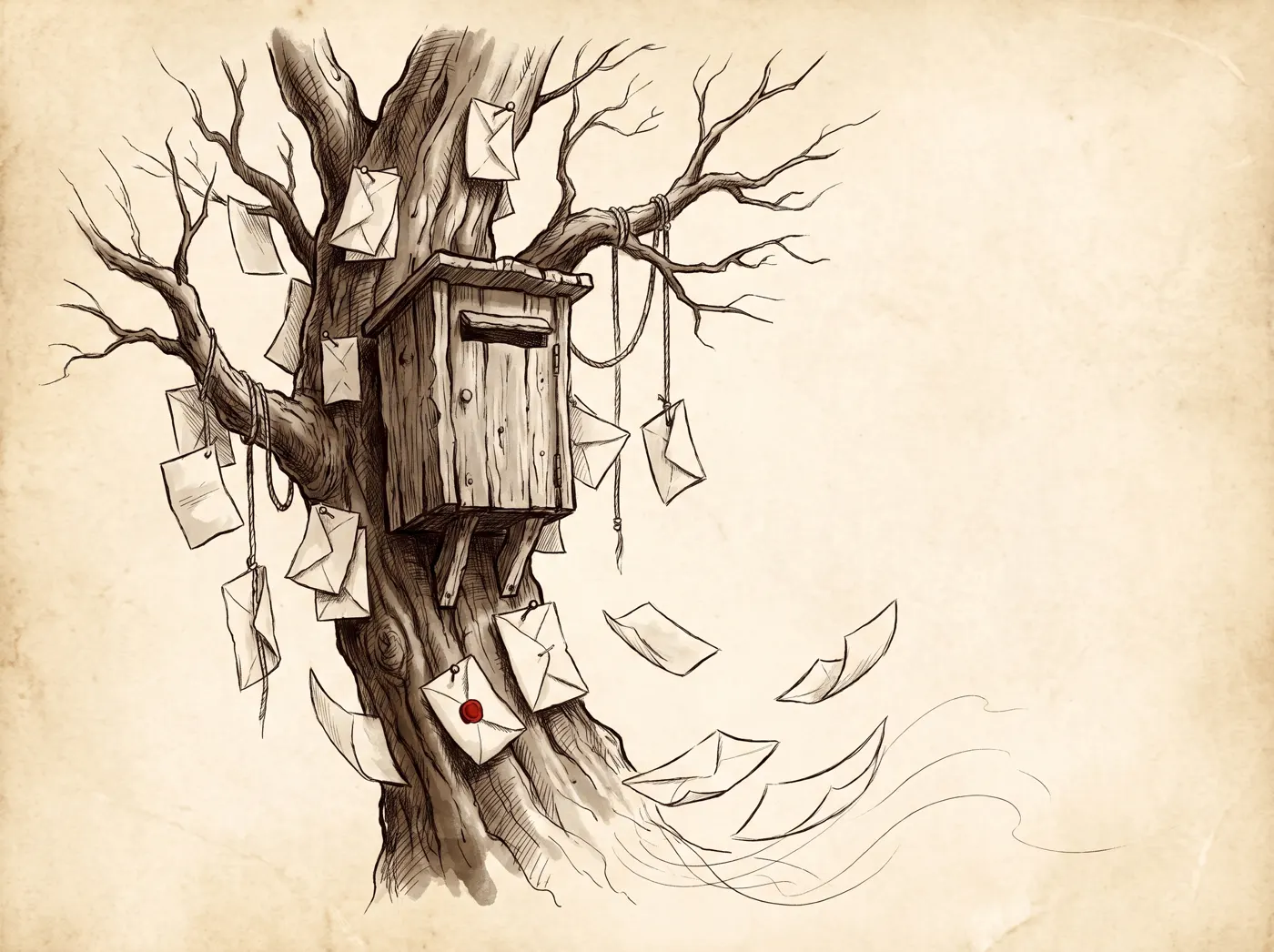 A letterbox nailed to a crooked tree, dozens of letters pinned and fluttering, one sealed in red wax