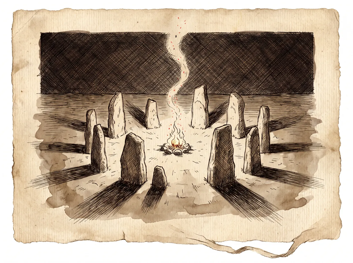 A ring of standing stones at night, a fire at its center, a column of sparks rising