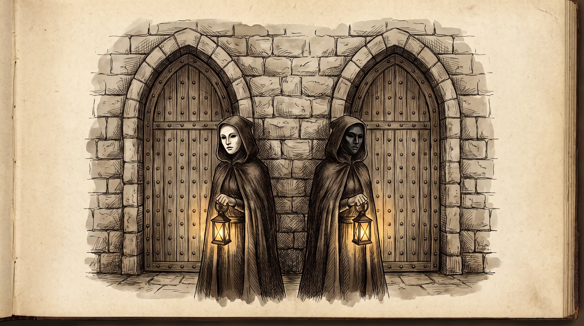 Two robed keepers — one bone-white mask, one soot-black — before twin arched doors