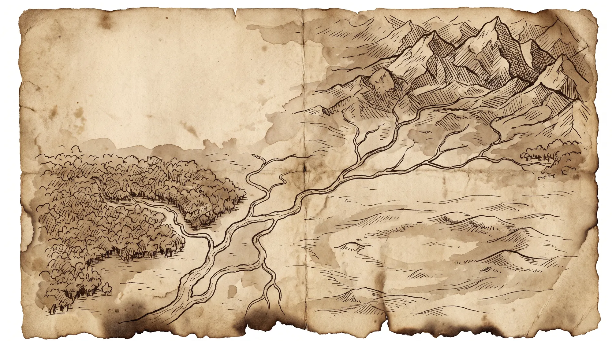 A hand-inked survey map: mountains, forest, rivers, an open hollow, and a blank unmapped region