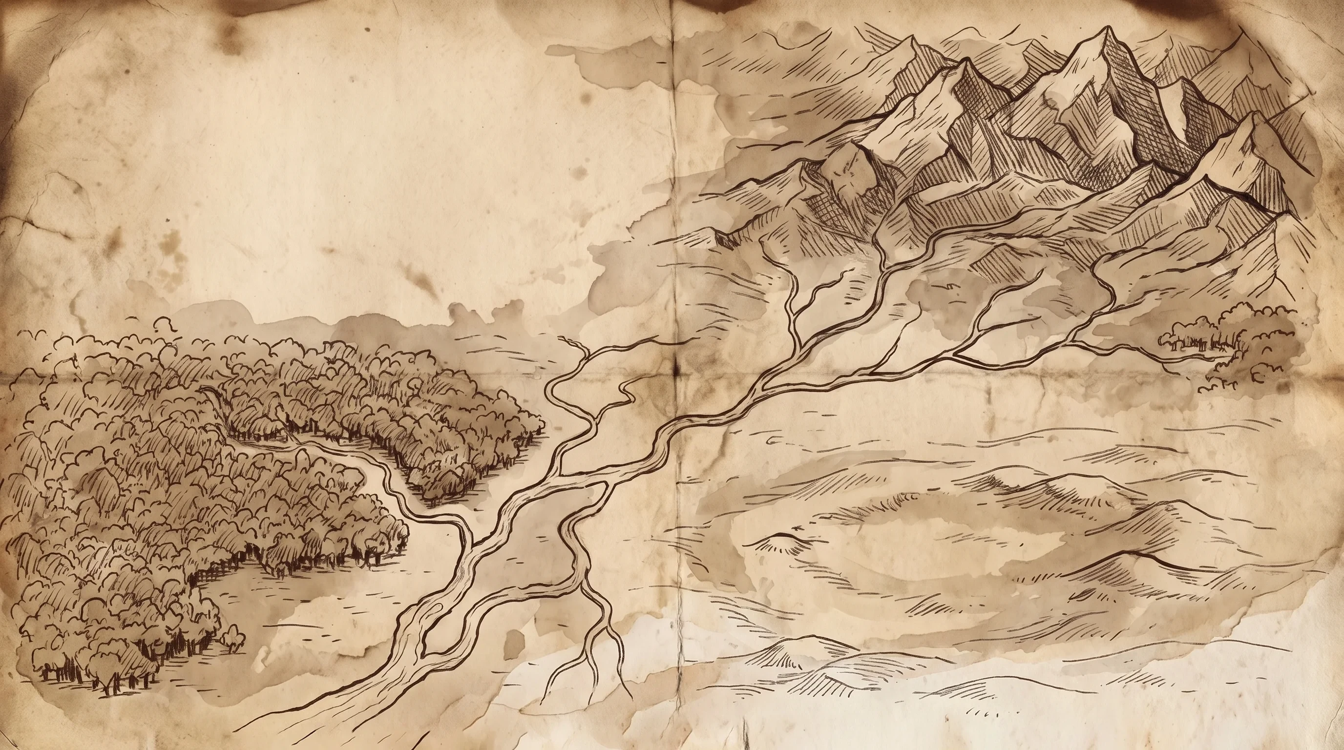 A hand-inked survey map: mountains, forest, rivers, an open hollow, and a blank unmapped region