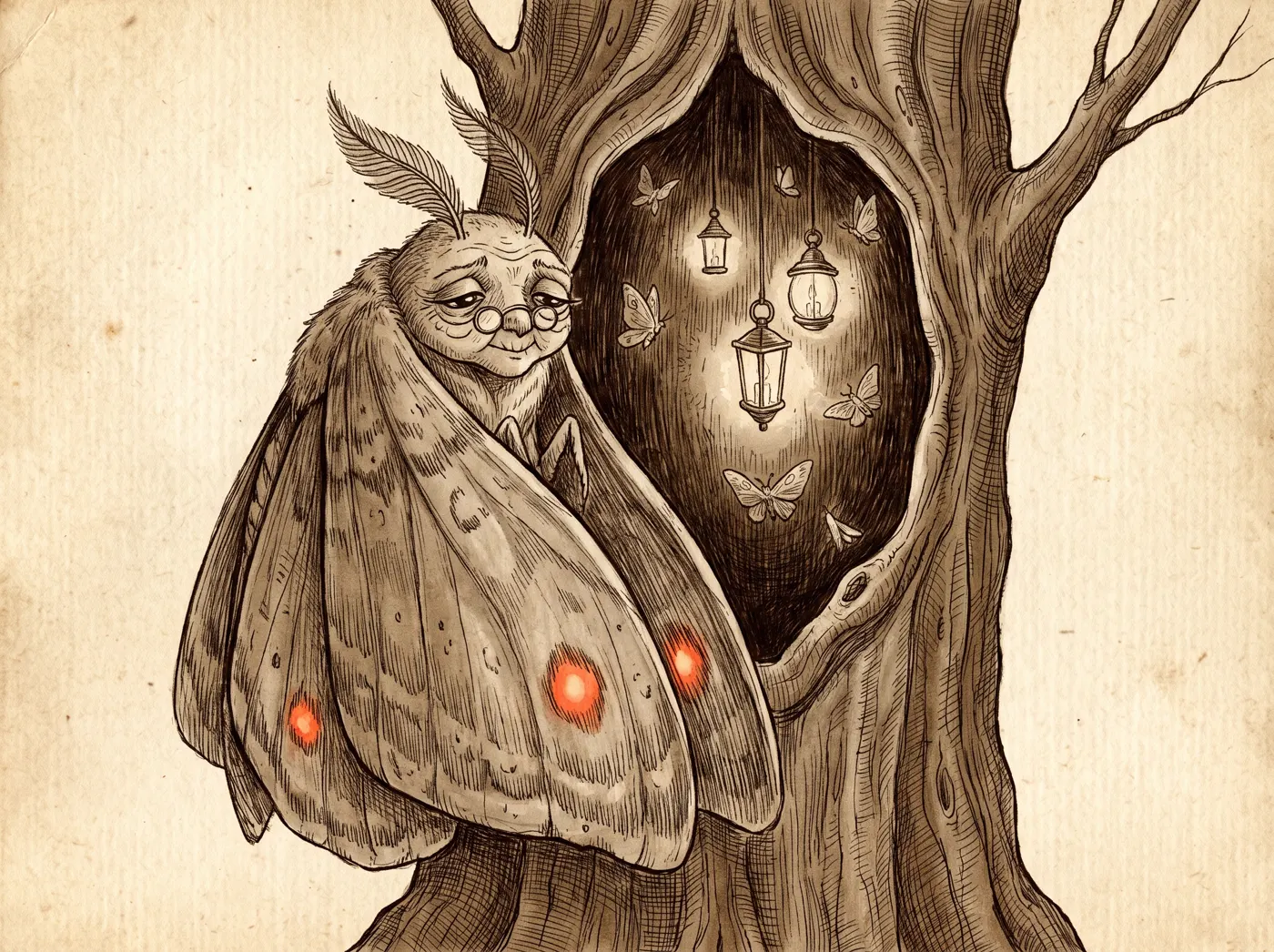 Mother Moth — an enormous ancient moth matron with tiny spectacles, perched in a lantern-lit tree hollow
