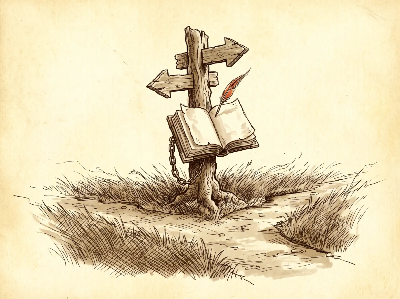 A weathered trailhead post with a chained-open logbook, a quill tucked into its spine