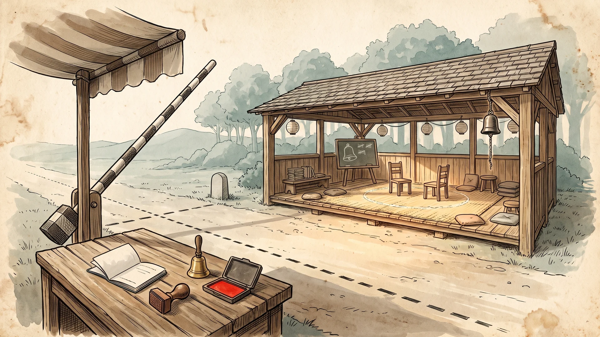 A border crossing seen from the atlas side: a plank customs desk under a canvas awning with an open passport, a brass bell, a rubber stamp and a wet vermilion ink pad, a raised striped barrier on its counterweight, a dashed border line inked across the ground past a small stone marker, and beyond it an open sided training hall with a chalked circle on a woven mat, two chairs facing each other, a ring of cushions with one gap, a slate board and a bell on a rope