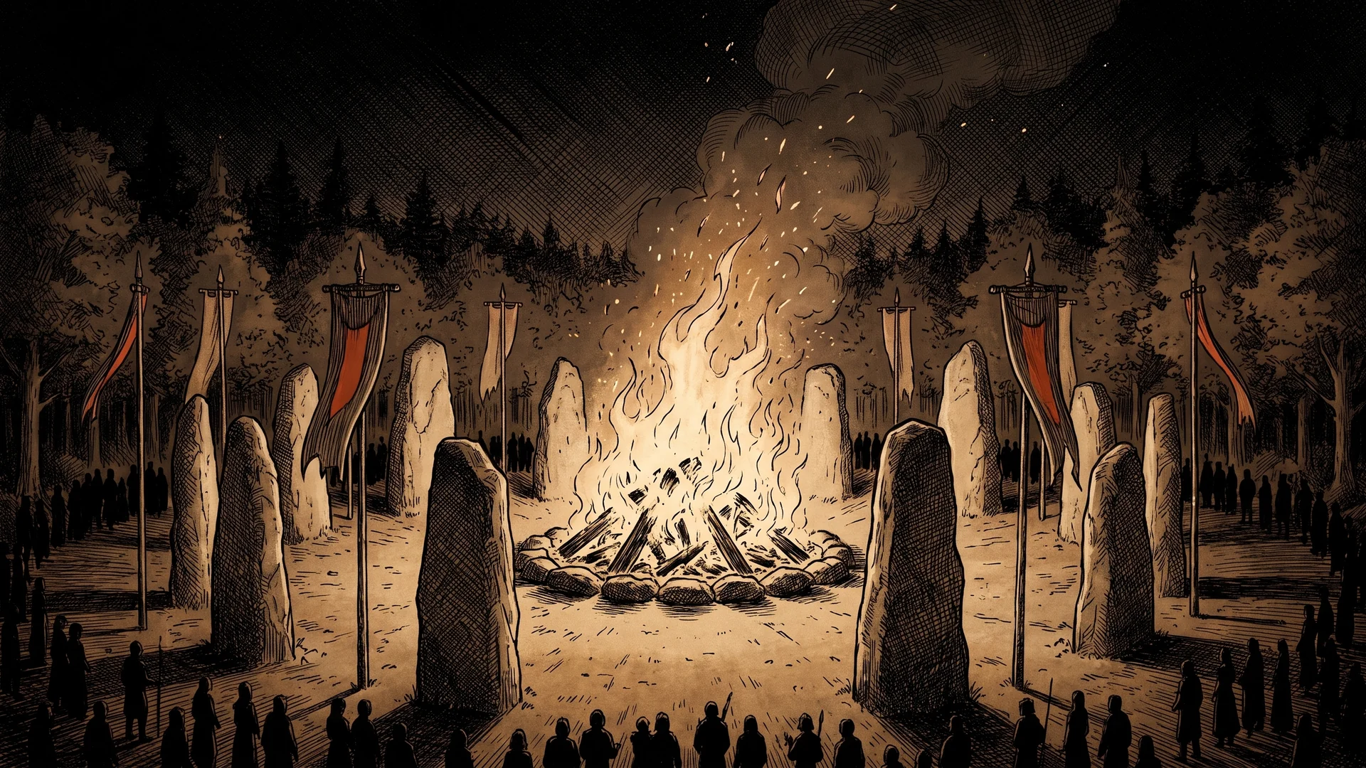 A bonfire burning inside a ring of standing stones at night, tall banners on poles, a crowd of silhouettes gathered at the edge of the light