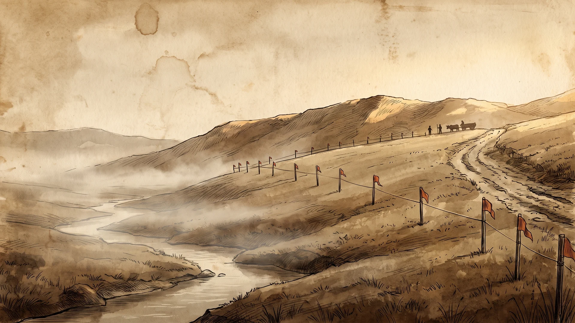 A surveyed hillside at dawn: a line of red flags on stakes running down a slope, a creek in the fog below, wheel ruts climbing to a ridge where a party stands with a cart