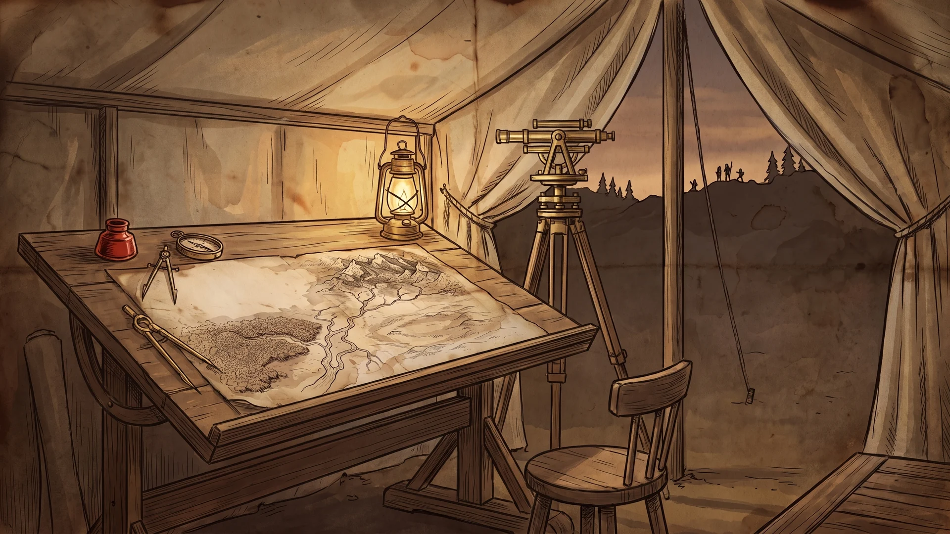 Inside a surveyor's tent at dusk: a drafting table with a half-finished map, dividers, a compass and a lamp, a theodolite on its tripod, and the open flap looking out to a distant ridge