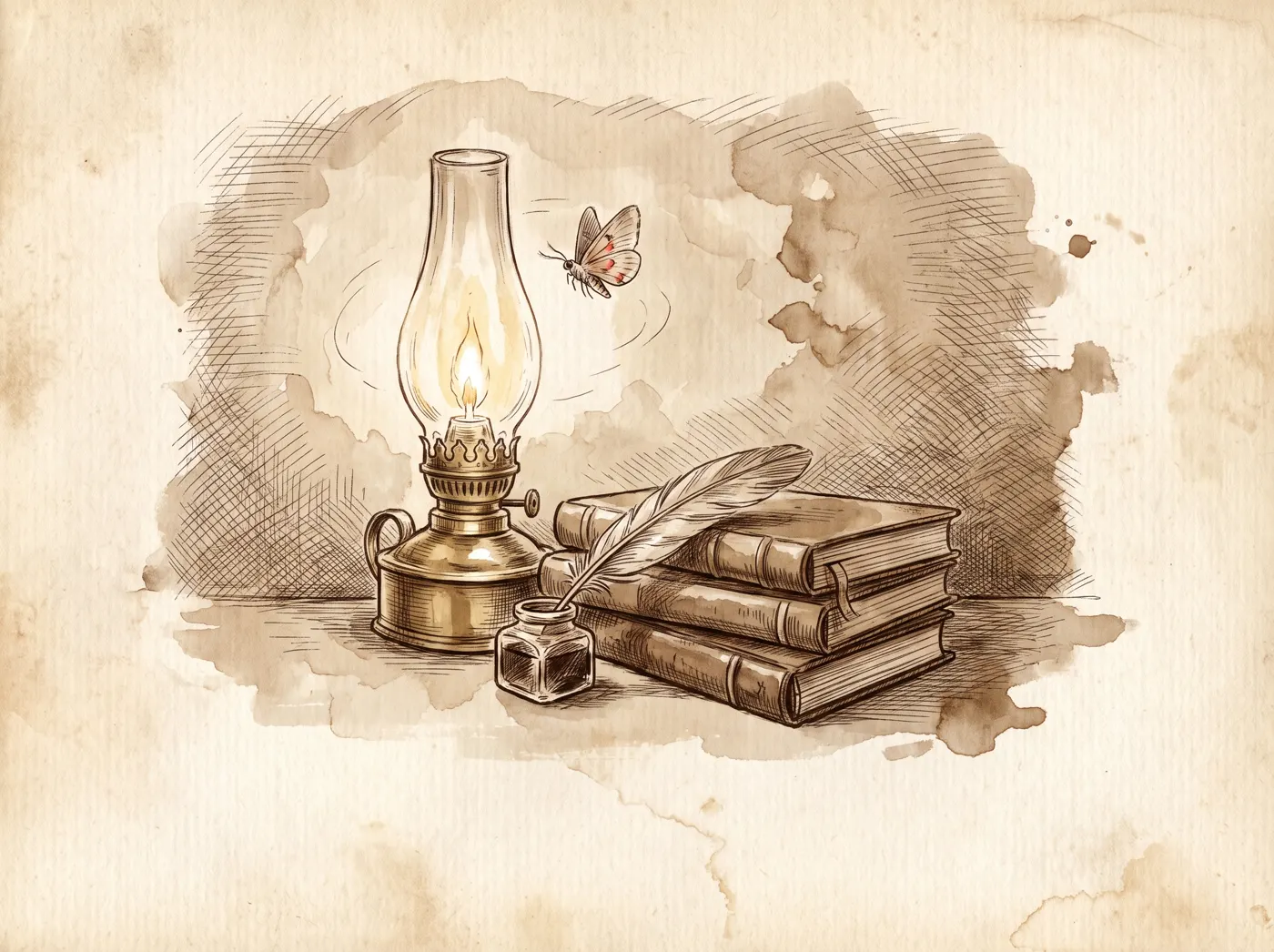 A lit lantern on a stack of field manuals beside an inkwell, one moth circling the light